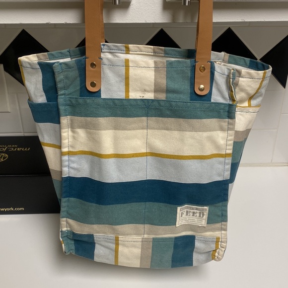 FEED Projects Canvas Market Tote Sea Blue Shopping Leather Straps Bag - Picture 4 of 16